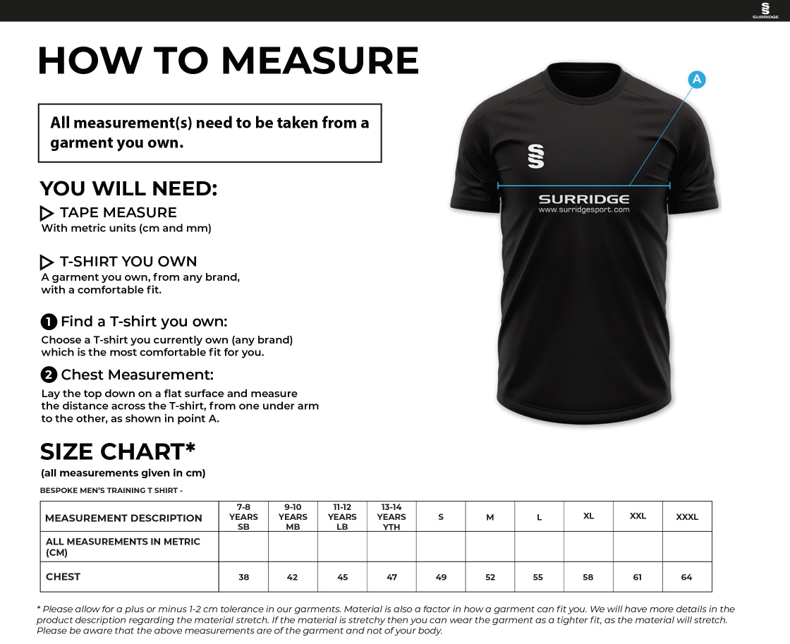 Mens Hockey Shirt - Away - Size Guide