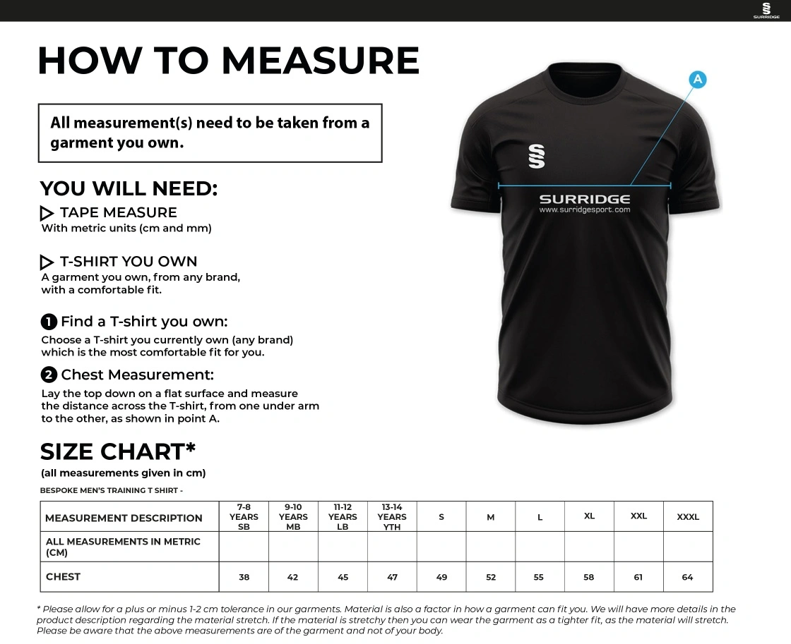 Mens Hockey Shirt - Away - Size Guide