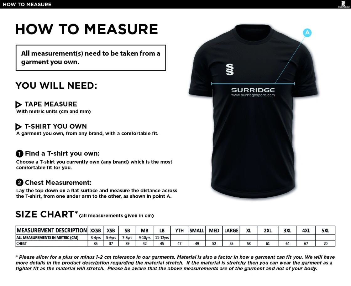 Isle of Wight HC - Dual Gym T-shirt - Size Guide