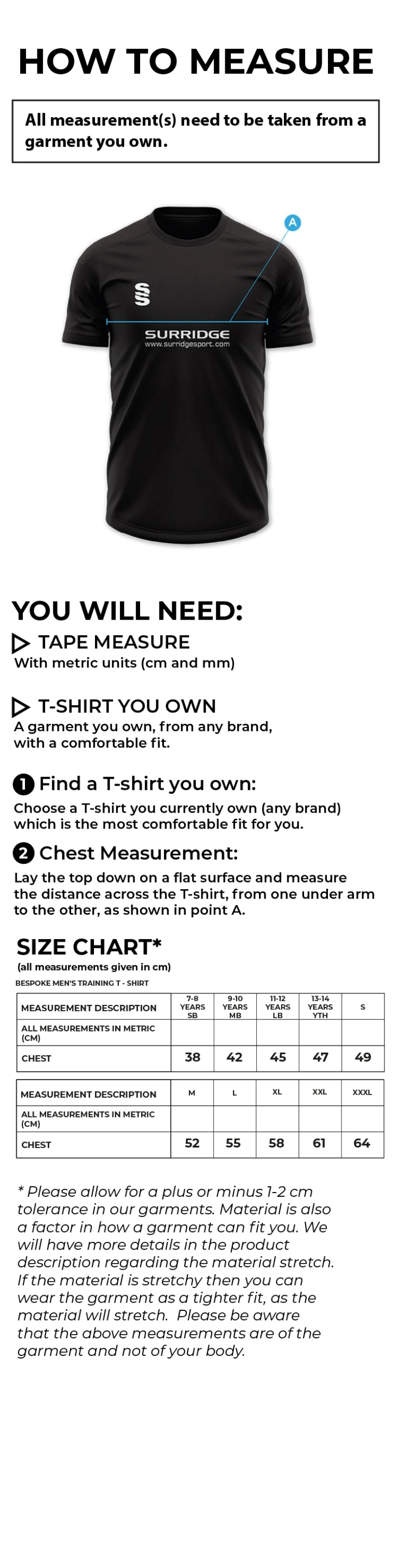 Mens Hockey Shirt - Away - Size Guide