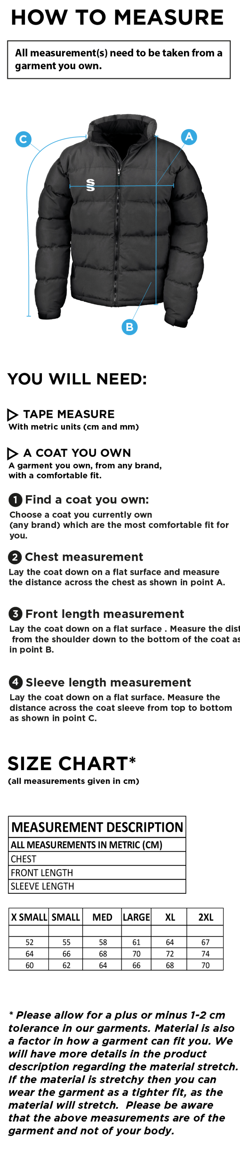 Isle of Wight HC - Holkham Down Feel Jacket - Women's - Size Guide